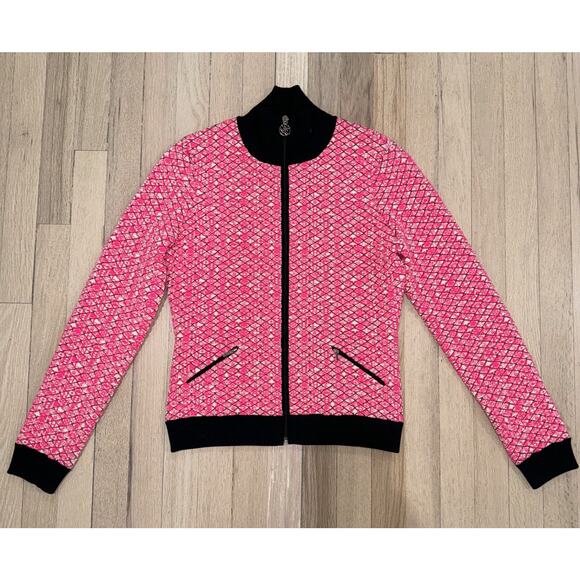 Chanel 19B Coco Neige Ski Pink Quilted Black Logo Wool Cardigan Zip Up Jacket 38 - Picture 3 of 16